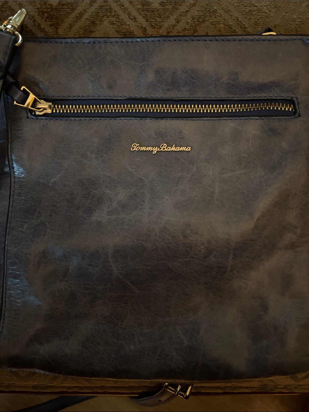 Tommy Bahama Black Leather Messenger Bag with Gold Hardware